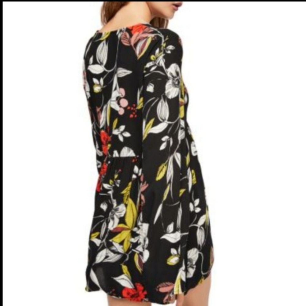 Free People Black Floral Babydoll Tunic Dress M Boho V Neck Flowy Mini Festival - Picture 12 of 16